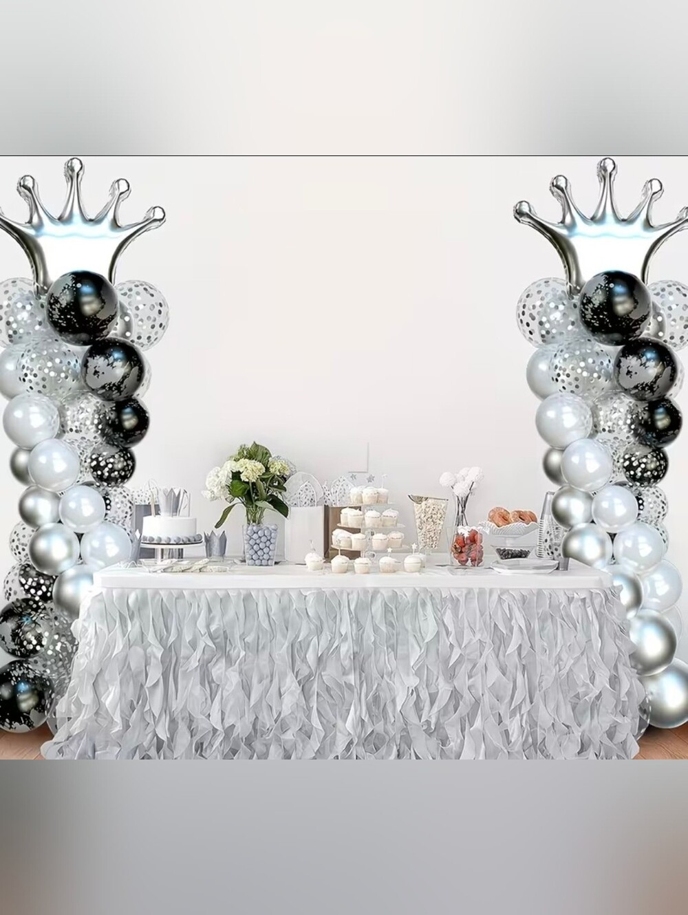 Silver & White Balloon Columns with Crown Toppers - Party Decor